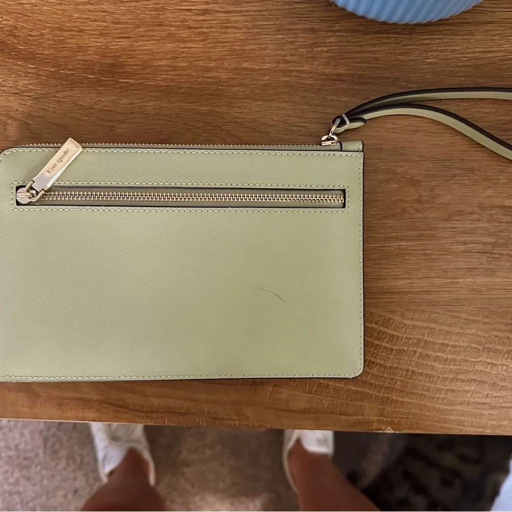 kate spade Pale Green Leather Wristlet with Black Strap